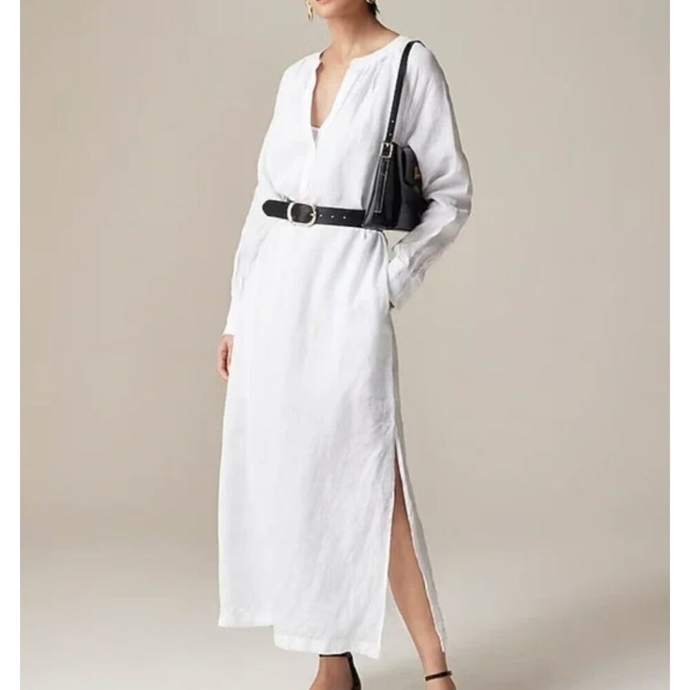 J Crew Cabana Linen Dress In Linen Petite Medium White Long Sleeve Pockets